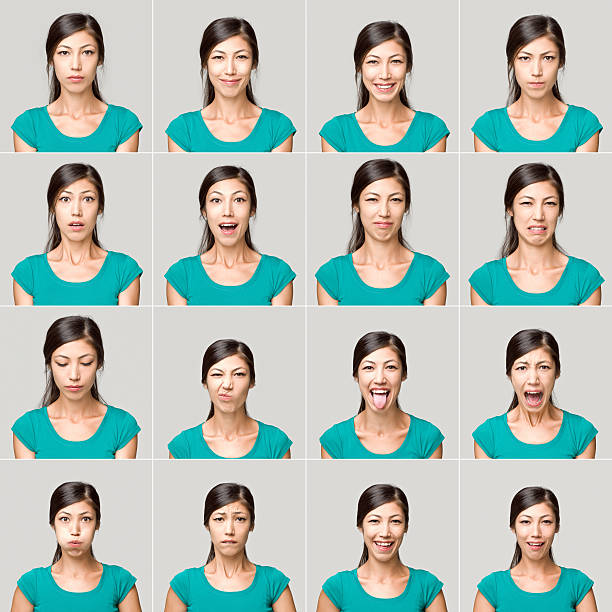 Young woman making facial expressions Pretty young woman making sixteen different facial expressions. All the images have been set against a light gray background. The young woman wearing a green t-shirt. Some of her expressions include happiness, anger, boredom, thoughtful and worry. same person multiple images stock pictures, royalty-free photos & images