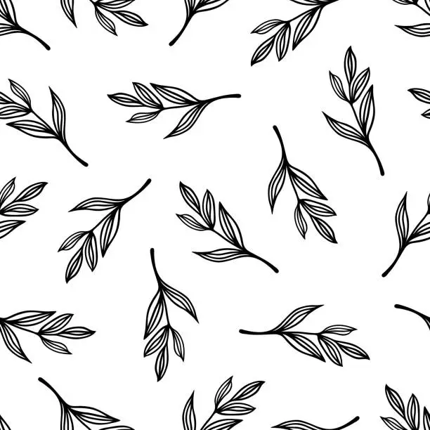 Vector illustration of A branch with leaves seamless vector pattern. Twigs of a forest or garden tree. Fresh field plant, meadow herb. Hand drawn botanical doodle. Floral black and white background for posters, print, web