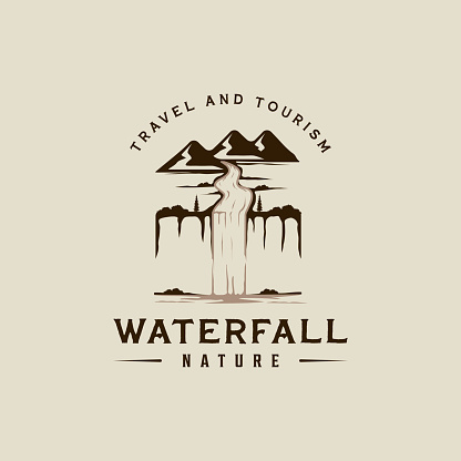 waterfall logo vector vintage illustration template icon graphic design. explore the nature sign or symbol for travel or design print for shirt with retro typography style concept