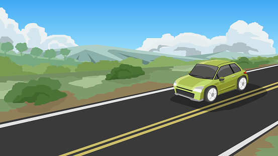 Perspective view cars green color driving on asphalt road. With hills and surrounded by green grass and trees. under blue sky and clouds.