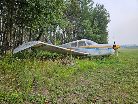 Small old white fixed wing, single-engined air vehicle abandoned in the green grass by the treelined airstrip.