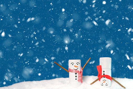 Winter holidays like Christmas and New Year greeting card. Can also be used for holiday storytelling, children’s theme,invitations, advertising and marketing. Funny two marshmallow snowmen, being happy and silly in the snow. Not AI