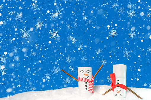 Winter holidays like Christmas and New Year greeting card. Can also be used for holiday storytelling, children’s theme,invitations, advertising and marketing. Funny two marshmallow snowmen, being happy and silly in the snow. Not AI