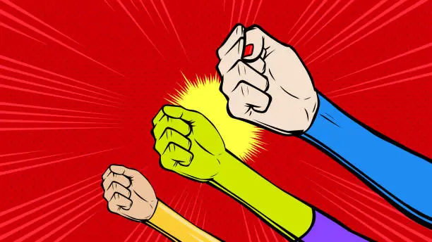 Vector illustration of Vector Pop Art Female Superhero Fists Up in the Air Stock Illustration