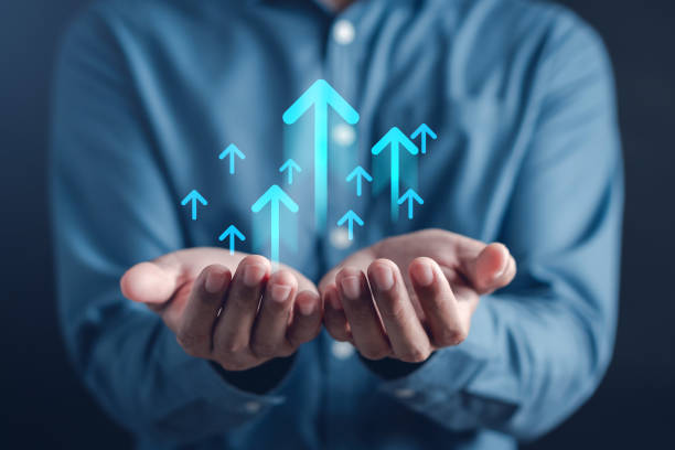 istock Growth arrows increase planning business target chart to successful. Businessman touching arrows analyst to leadership objective goal. Corporate strategy for finance, operations, sales, marketing. 1710693748