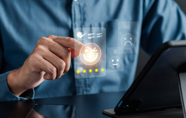 istock Experience of Customer and User give rating on online service on application smartphone, Satisfaction feedback and review give best quality good product survey ranking in top online business. 1710693759