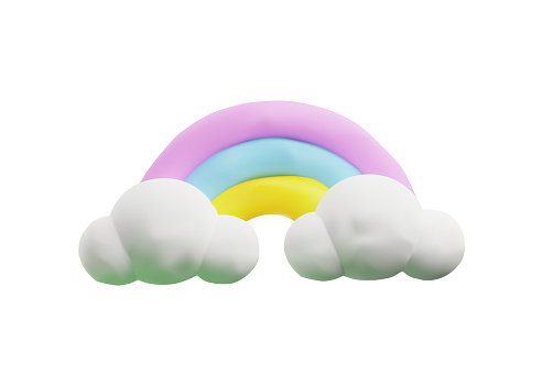 Rainbow in the clouds banner design. Summer object for holiday poster or weather forecast banner, 3D realistic render vector illustration isolated on white background.