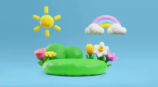 Vector illustration of Plasticine composition with green lawn and flowers, sun and rainbow in clouds