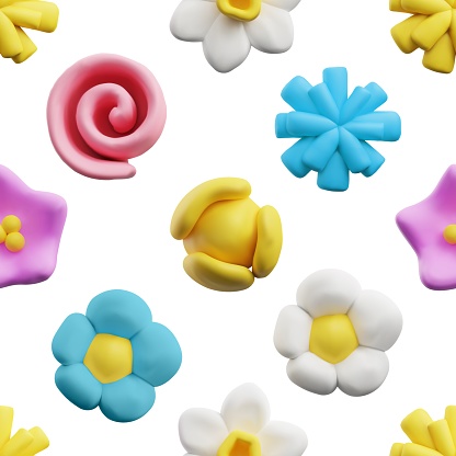 Seamless pattern with spring flowers 3d realistic render icons, realistic vector illustration isolated on white background. Pattern cute childish design with flowers.