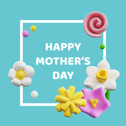 Squared banner with flowers about Happy Motherâs Day 3D style, vector illustration isolated on turquoise background. Decorative frame design with text, nature and plants, congratulations