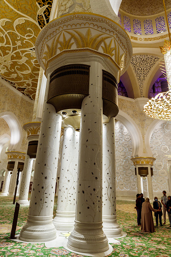 Abu Dhabi, United Arab Emirates, March 19, 2023 : The nights view of splendor of decorative decorations of interior of Sheikh Zayed Grand Mosque in Abu Dhabi city, United Arab Emirates