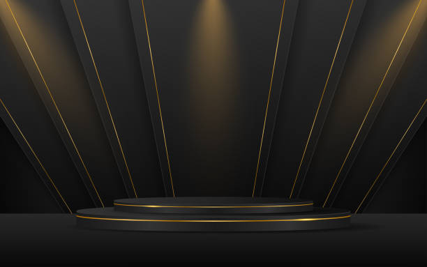 istock Black podium with elegant gold lines for product 1710742185