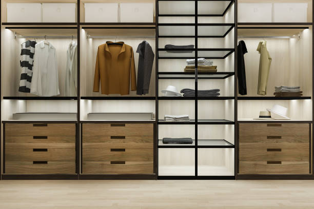 istock 3d rendering minimal scandinavian wood walk in closet with wardrobe 1710742736