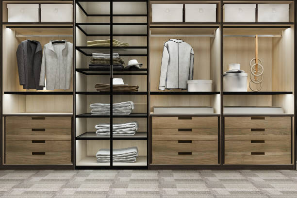istock 3d rendering minimal scandinavian wood walk in closet with wardrobe 1710742738