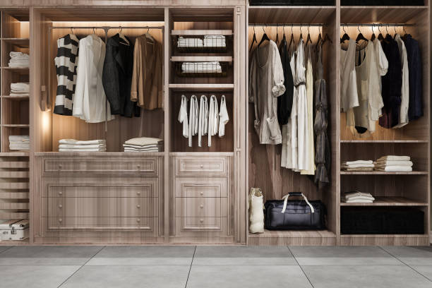 istock 3d rendering minimal scandinavian wood walk in closet with wardrobe 1710742742