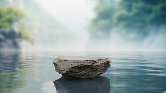 Stone pedestal display on surface of the lake, sky, mountains, forest, greenery in morning, fog, ozone, cool and shady weather. Nature zen concept ripple waves. podium of cosmetic. 3D Illustration.