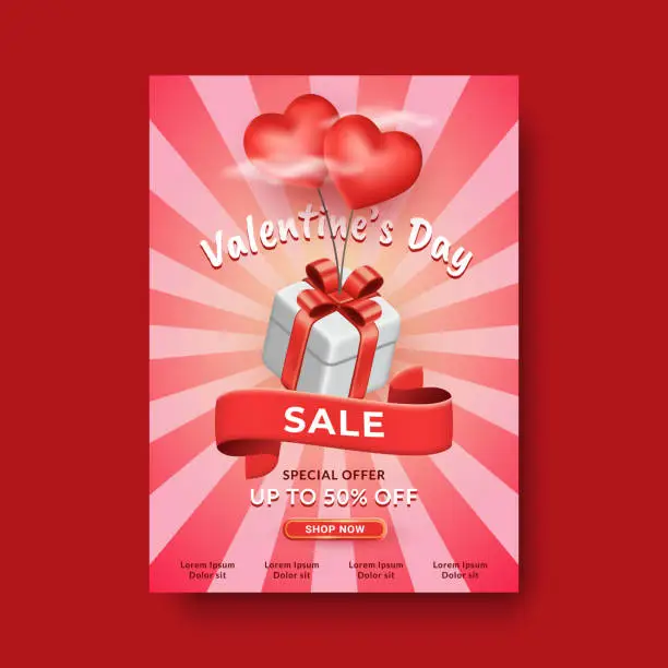 Vector illustration of Happy Valentine's Day poster romantic sale offer concept, Beautiful backdrop with hearts balloon and gift box ornament vector