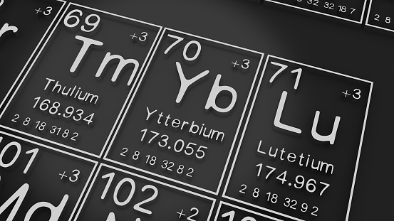 Thulium, Ytterbium, Lutetium on the periodic table of the elements on black blackground,history of chemical elements, represents the atomic number and symbol.,3d rendering