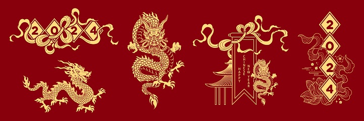 Chinese new year dragons vector illustration. Traditional style for card, print, flyers, posters, merch, covers.