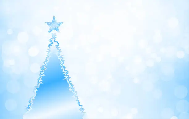 Vector illustration of A creative glittery white and light sky blue coloured empty blank vector bokeh backgrounds with a christmas tree zigzag outline glitter sparks all around and a star at its top
