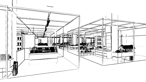 line drawing of the area of the department store hall,fashion store section,3d rendering