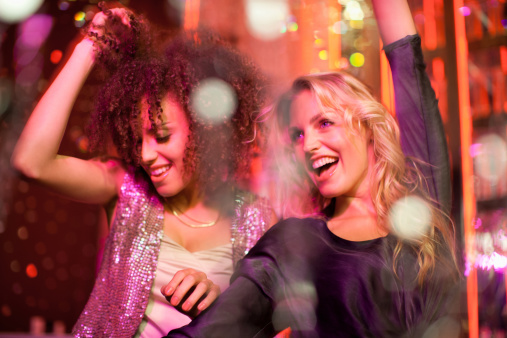 Black woman, wow or dancing on dance floor in party, nightclub event or bokeh disco for birthday celebration. Smile, happy or dancer friends bonding in social gathering, concert or New Year festival