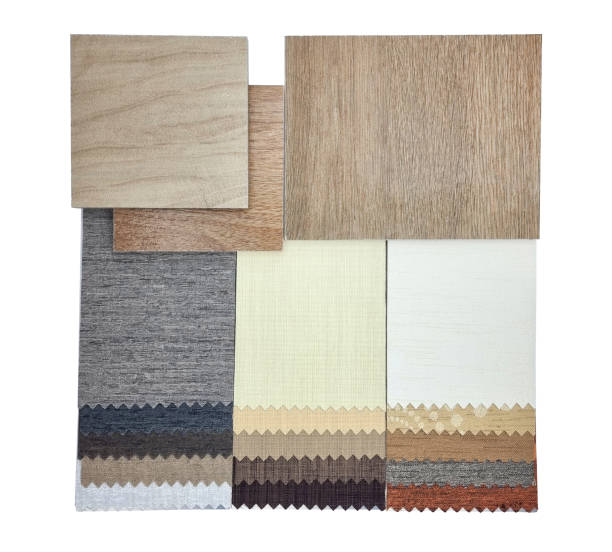 istock combination of interior material samples contain oak wooden ceramic flooring tiles and drapery fabric catalog palette in luxury brown and grey color tone isolated on background with clipping path. 1710849201
