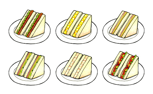 Set of triangular sandwiches. Hand-drawn analog illustration of food.