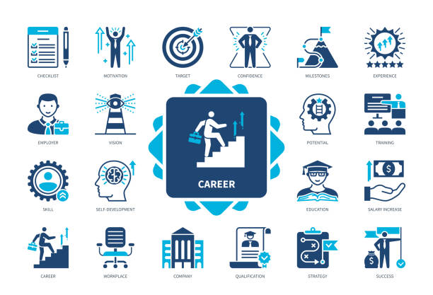 Career solid icon set Career icon set. Target, Checklist, Self-development, Employer, Education, Salary Increase, Company, Qualification. Duotone color solid icons qualify icon stock illustrations