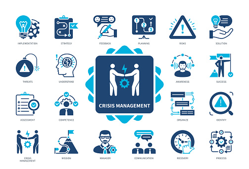 Crisis Management icon set. Identify, Implementation, Awareness, Recovery, Feedback, Strategy, Success, Assessment. Duotone color solid icons