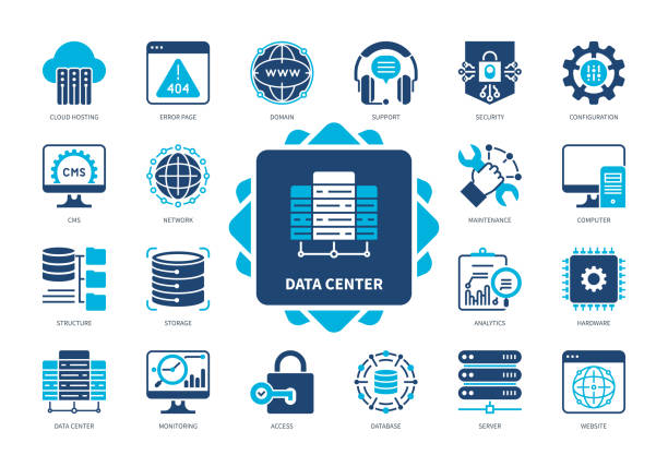 Data Center solid icon set Data Center icon set. Server, Storage, Maintenance, Security, Configuration, Monitoring, Network, Software. Duotone color solid icons order stock illustrations