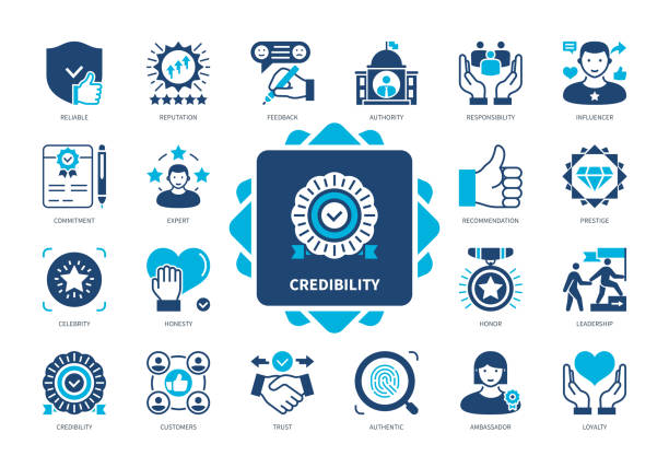 Credibility solid icon set Credibility icon set. Commitment, Reputation, Reliable, Prestige, Responsibility, Recommendation, Authority, Honesty. Duotone color solid icons dedication stock illustrations