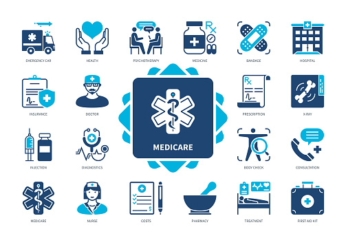 Medicare icon set. Hospital, Doctor, Costs, Consultation, Emergency Car, Health, Medicine, Insurance. Duotone color solid icons