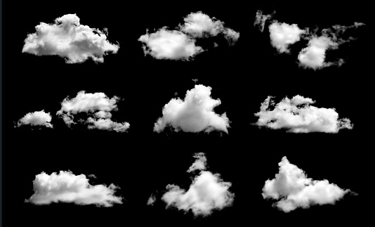 Set of white clouds or smog for design isolated on a black background.