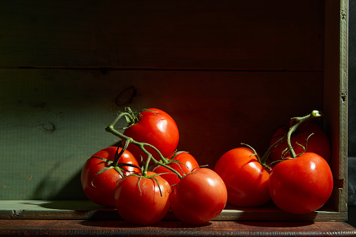 Still Life with a bunch of natural grown Tomatoes. Rustic wood background, antique wooden table.