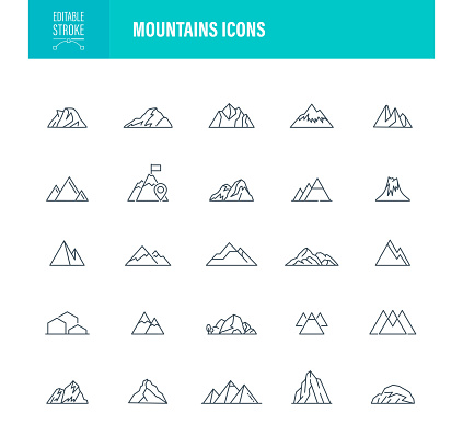 Mountains Icon Set. Editable Stroke. Contains such icons as Hiking, Camping, Travel, Logo, Vector, Mountain Peak, Mountain Range, Rock Climbing, Nature