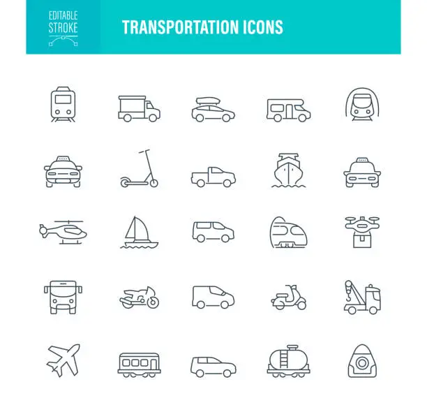 Vector illustration of Transportation Set Icons Editable Stroke