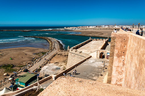 Essaouira, Morocco - April 28, 2019: Landscape with old fortress and fishing port of Essaouira, Morocco
