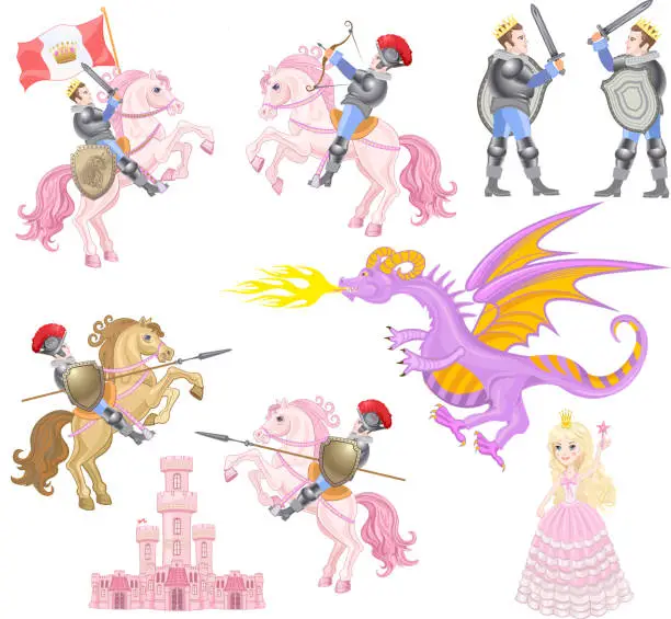 Vector illustration of cute fairy-tale characters - prince, princess,  castle