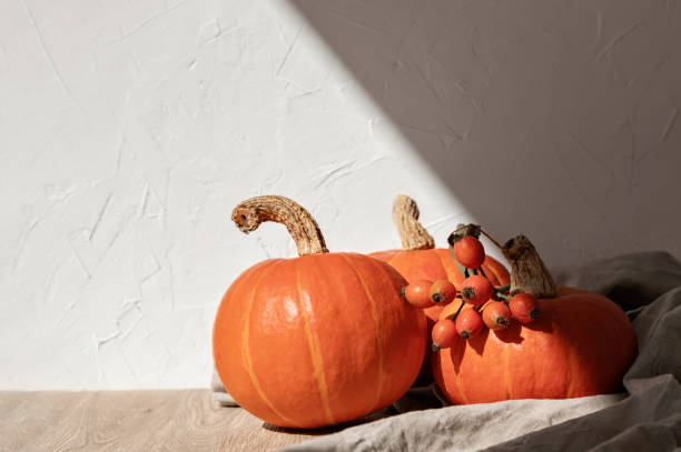 istock Autumn rustic decoration, orange pumpkins on table, empty wall background with natural sunlight shadow 1710976270