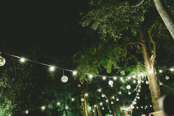 istock Beautiful decoration for a night wedding, illuminated with led lanterns, and vintage style centerpieces. 1710984010