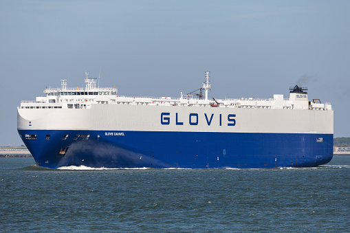 Rotterdam, Netherlands - June 26, 2018: Hyundai Glovis pure car and truck carrier ‘Glovis Caravel’ outbound Rotterdam