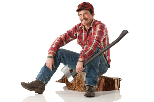 Happy lumberjack sitting on a log with an axehttp://www.twodozendesign.info/i/1.png