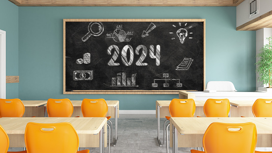 2024 Back to School Concept with Blackboard and Classroom. 2024 New Year Concept. 3D Render