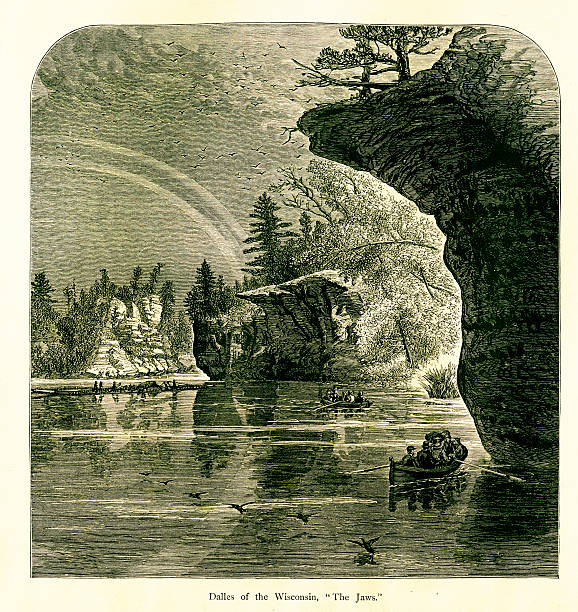 Rapids of the Wisconsin River, USA | Historic American Illustrations 19th-century engraving of rapids in the Wisconsin River, USA. Illustration published in Picturesque America (D. Appleton & Co., New York, 1872). the dalles stock illustrations