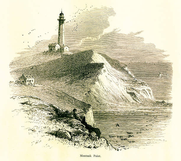 몬탁 침봉, eastern long island/역사적이다 칠레식 일러스트 - the hamptons long island lighthouse stock illustrations