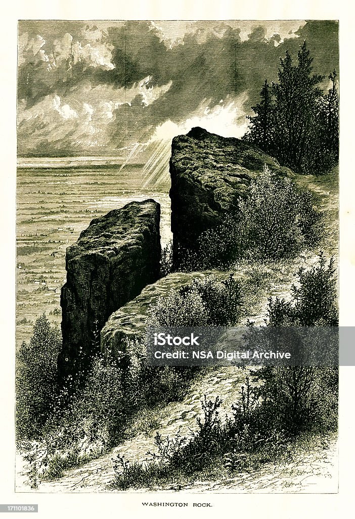 Washington Rock, New Jersey Washington Rock, U.S. state of New Jersey, from which General George Washington traced the course of the British Army during the American Revolution in 1777.Published in Picturesque America or the Land We Live In (D. Appleton & Co., New York, 1872). Rock - Object stock illustration