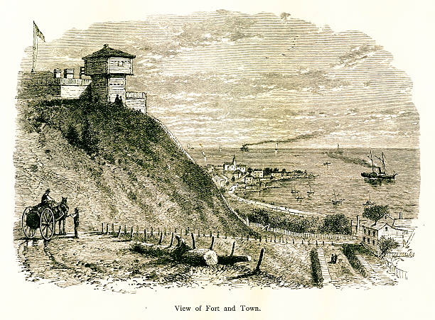 Tthe fort and town of Mackinaw, Michigan, USA. Published in Picturesque America or the Land We Live In (D. Appleton & Co., New York, 1872).