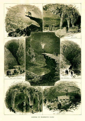 Scenes in Mammoth Cave, the longest cave system in the world, located in the U.S. state of Kentucky. Published in Picturesque America or the Land We Live In (D. Appleton & Co., New York, 1872).