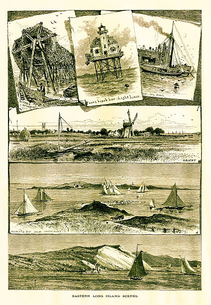 비하인드 동쪽 롱아일랜드에서 - long island 19th century style usa north america stock illustrations